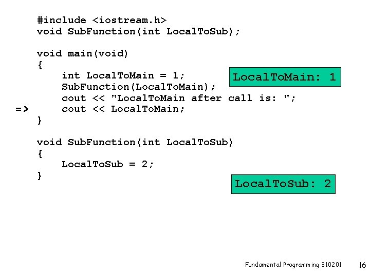 #include <iostream. h> void Sub. Function(int Local. To. Sub); => void main(void) { int