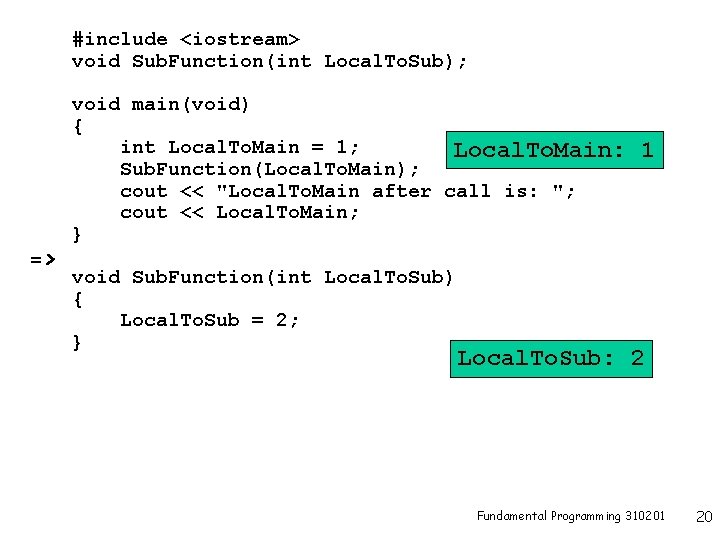 #include <iostream> void Sub. Function(int Local. To. Sub); => void main(void) { int Local.