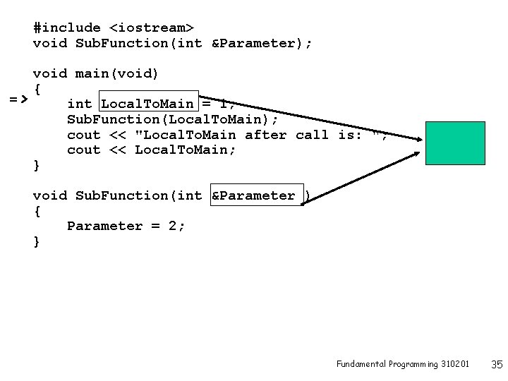 #include <iostream> void Sub. Function(int &Parameter); void main(void) { => int Local. To. Main
