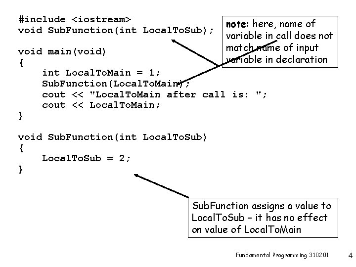 #include <iostream> void Sub. Function(int Local. To. Sub); note: here, name of variable in