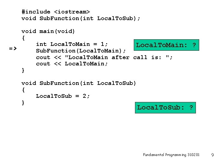 #include <iostream> void Sub. Function(int Local. To. Sub); => void main(void) { int Local.
