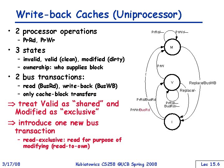 Write-back Caches (Uniprocessor) • 2 processor operations Pr. Rd/— Pr. Wr/— – Pr. Rd,