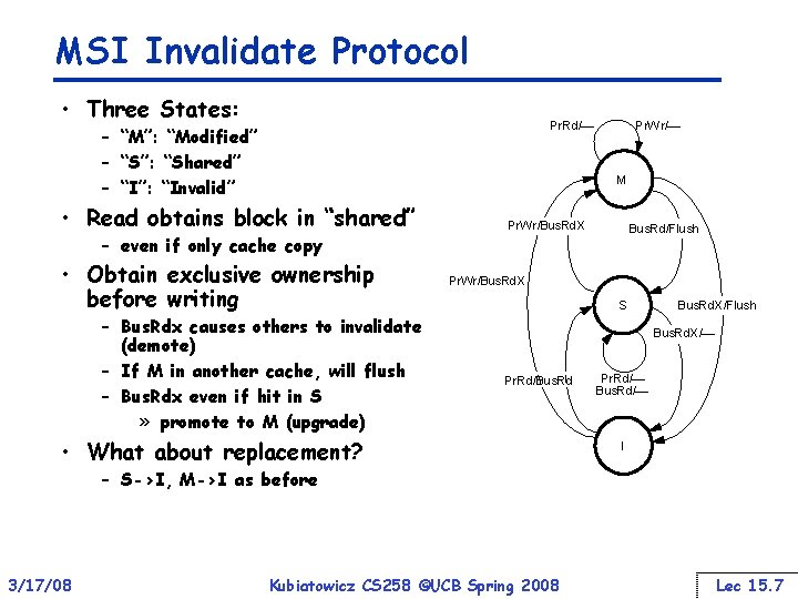 MSI Invalidate Protocol • Three States: Pr. Rd/— – “M”: “Modified” – “S”: “Shared”