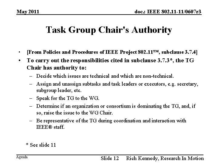 May 2011 doc. : IEEE 802. 11 -11/0607 r 3 Task Group Chair's Authority