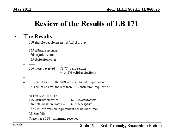 May 2011 doc. : IEEE 802. 11 -11/0607 r 3 Review of the Results