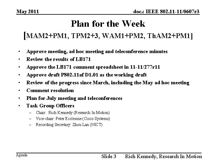 May 2011 doc. : IEEE 802. 11 -11/0607 r 3 Plan for the Week