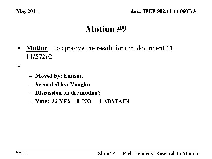 May 2011 doc. : IEEE 802. 11 -11/0607 r 3 Motion #9 • Motion: