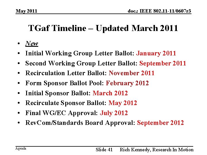 May 2011 doc. : IEEE 802. 11 -11/0607 r 3 TGaf Timeline – Updated