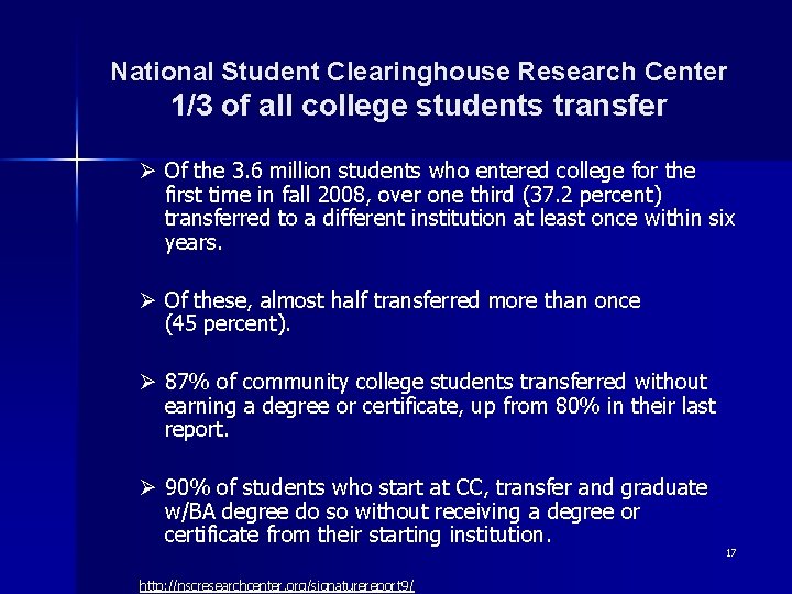 National Student Clearinghouse Research Center 1/3 of all college students transfer Ø Of the