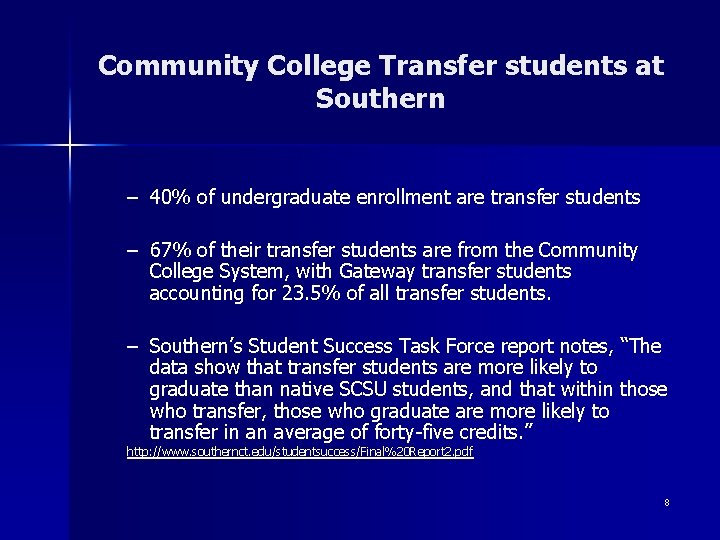 Community College Transfer students at Southern – 40% of undergraduate enrollment are transfer students