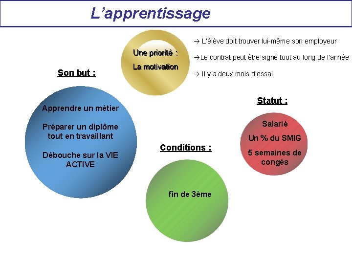 L’apprentissage L’élève doit trouver lui-même son employeur Le contrat peut être signé tout au