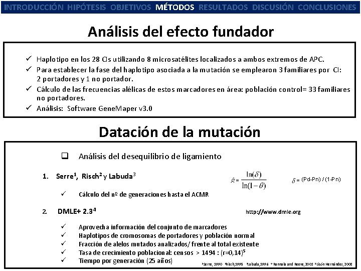 INTRODUCCIÓN HIPÓTESIS OBJETIVOS MÉTODOS RESULTADOS DISCUSIÓN CONCLUSIONES Análisis del efecto fundador Haplotipo en los