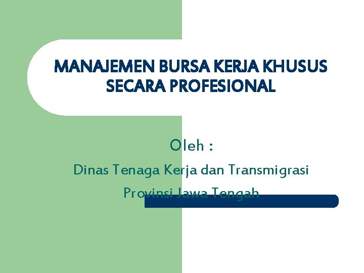 MANAJEMEN BURSA KERJA KHUSUS SECARA PROFESIONAL Oleh : Dinas Tenaga Kerja dan Transmigrasi Provinsi