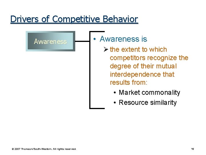Drivers of Competitive Behavior Awareness © 2007 Thomson/South-Western. All rights reserved. • Awareness is