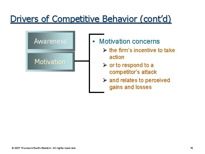 Drivers of Competitive Behavior (cont’d) Awareness Motivation © 2007 Thomson/South-Western. All rights reserved. •