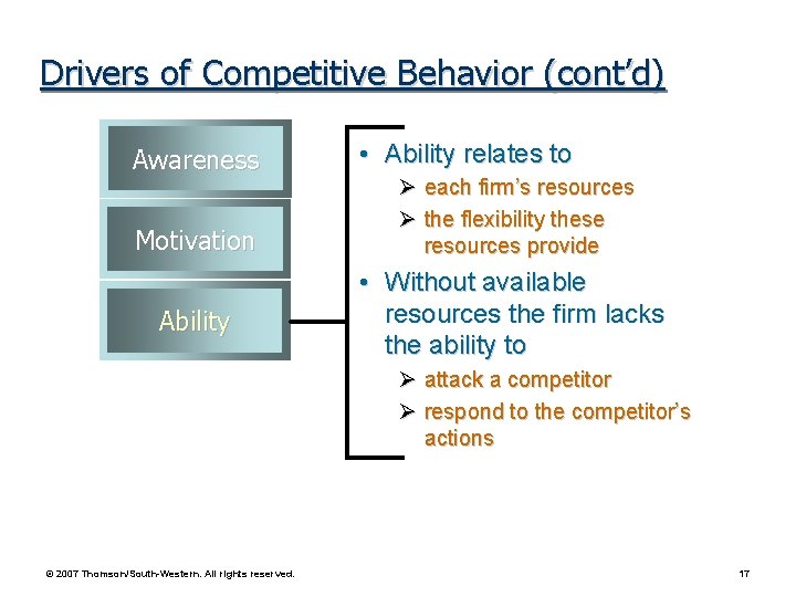 Drivers of Competitive Behavior (cont’d) Awareness Motivation Ability • Ability relates to Ø each