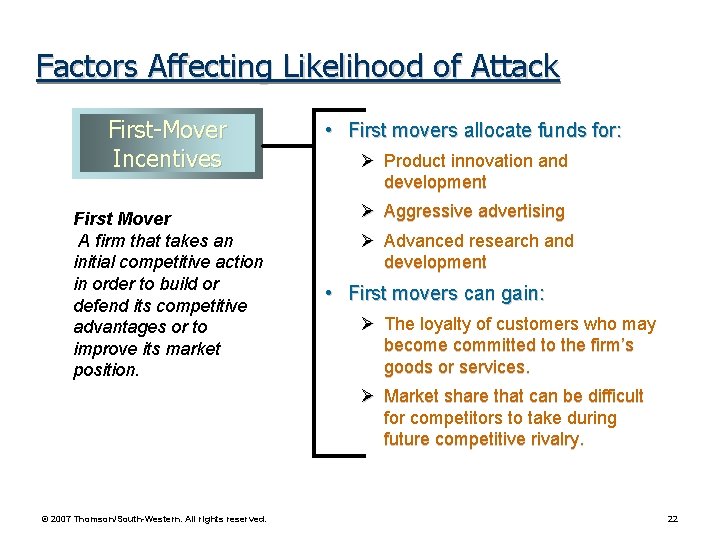 Factors Affecting Likelihood of Attack First-Mover Incentives First Mover A firm that takes an