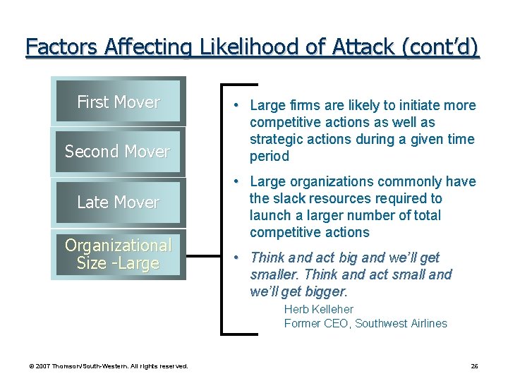 Factors Affecting Likelihood of Attack (cont’d) First Mover Second Mover Late Mover Organizational Size
