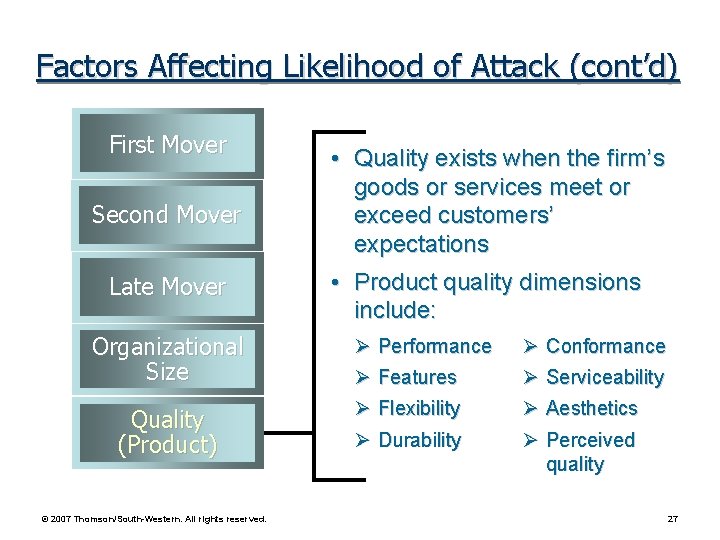 Factors Affecting Likelihood of Attack (cont’d) First Mover Second Mover Late Mover Organizational Size