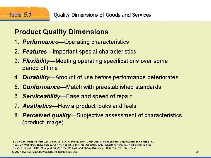 Table 5. 1 Quality Dimensions of Goods and Services Product Quality Dimensions 1. Performance—Operating