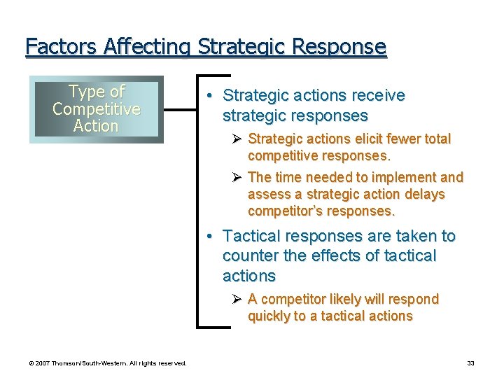Factors Affecting Strategic Response Type of Competitive Action • Strategic actions receive strategic responses