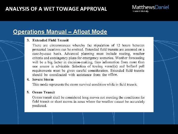 ANALYSIS OF A WET TOWAGE APPROVAL Operations Manual – Afloat Mode 