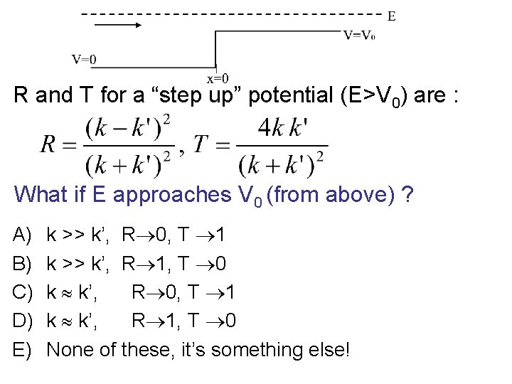 R and T for a “step up” potential (E>V 0) are : What if