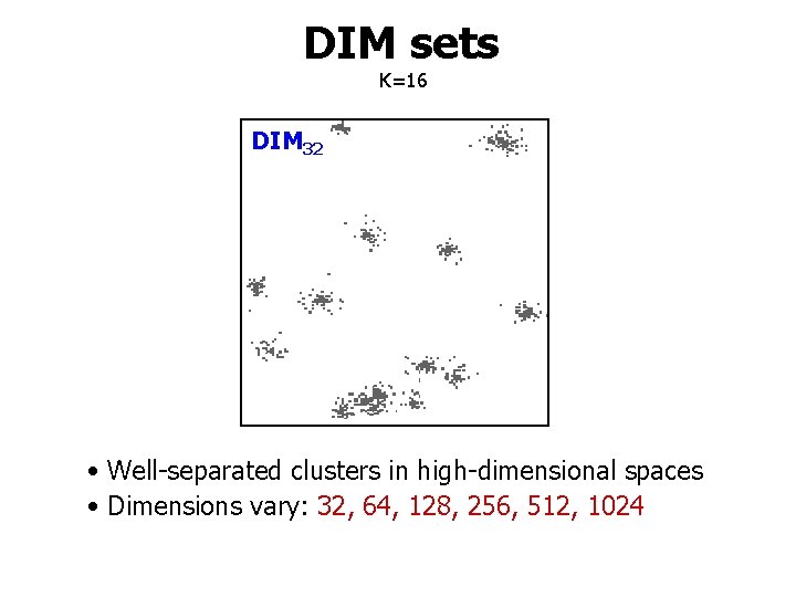 DIM sets K=16 DIM 32 • Well-separated clusters in high-dimensional spaces • Dimensions vary: