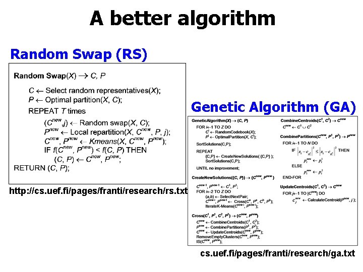 A better algorithm Random Swap (RS) Genetic Algorithm (GA) http: //cs. uef. fi/pages/franti/research/rs. txt