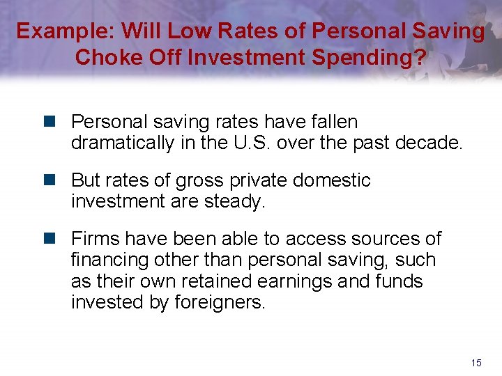 Example: Will Low Rates of Personal Saving Choke Off Investment Spending? n Personal saving