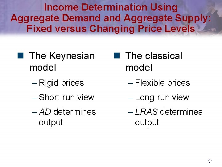 Income Determination Using Aggregate Demand Aggregate Supply: Fixed versus Changing Price Levels n The