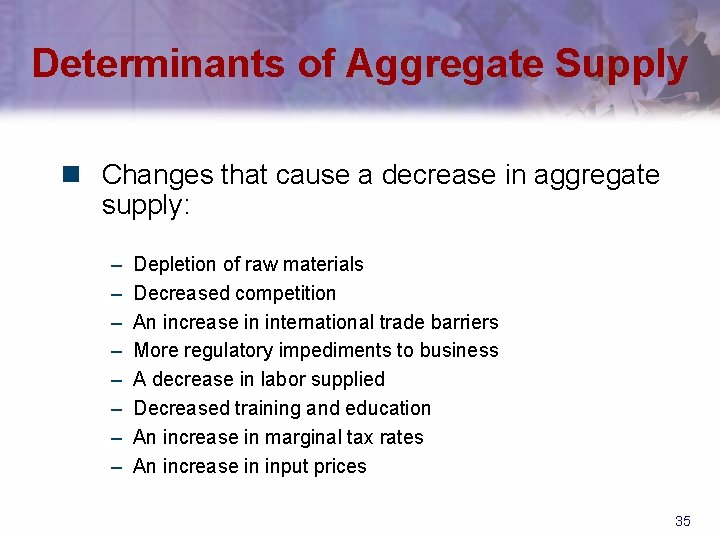 Determinants of Aggregate Supply n Changes that cause a decrease in aggregate supply: –