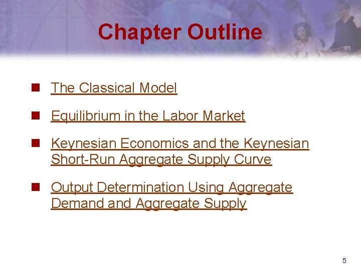 Chapter Outline n The Classical Model n Equilibrium in the Labor Market n Keynesian