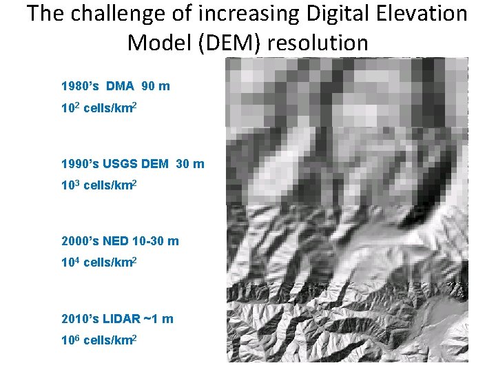 The challenge of increasing Digital Elevation Model (DEM) resolution 1980’s DMA 90 m 102