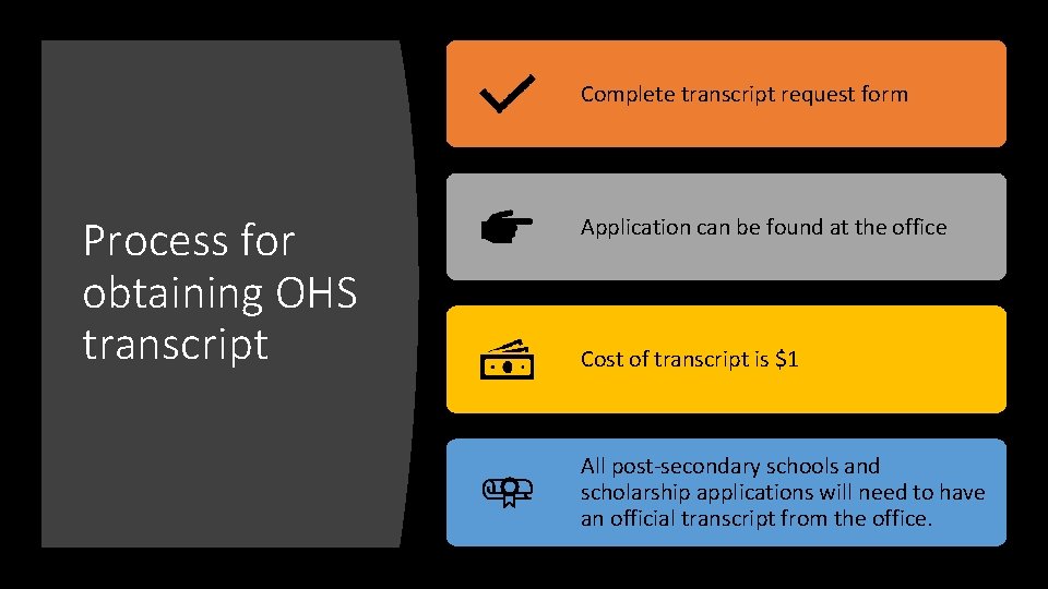 Complete transcript request form Process for obtaining OHS transcript Application can be found at