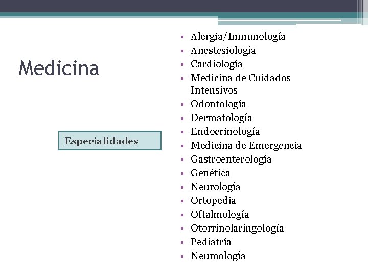 Medicina Especialidades • • • • Alergia/Inmunología Anestesiología Cardiología Medicina de Cuidados Intensivos Odontología