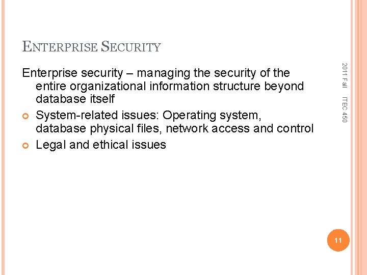 ENTERPRISE SECURITY 2011 Fall ITEC 450 Enterprise security – managing the security of the