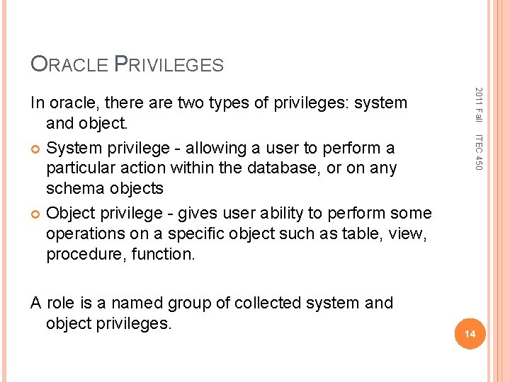 ORACLE PRIVILEGES ITEC 450 A role is a named group of collected system and