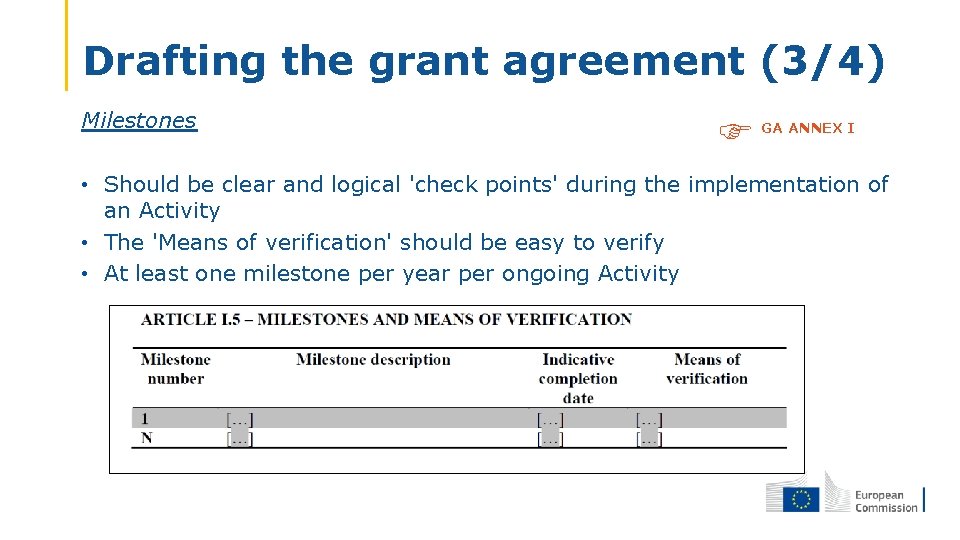 Drafting the grant agreement (3/4) Milestones GA ANNEX I • Should be clear and