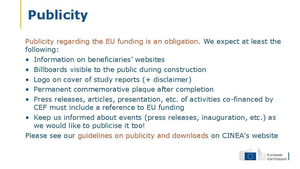 Publicity regarding the EU funding is an obligation. We expect at least the following: