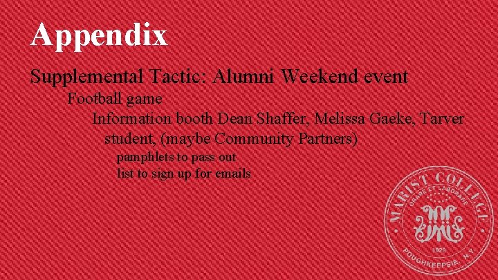 Appendix Supplemental Tactic: Alumni Weekend event Football game Information booth Dean Shaffer, Melissa Gaeke,