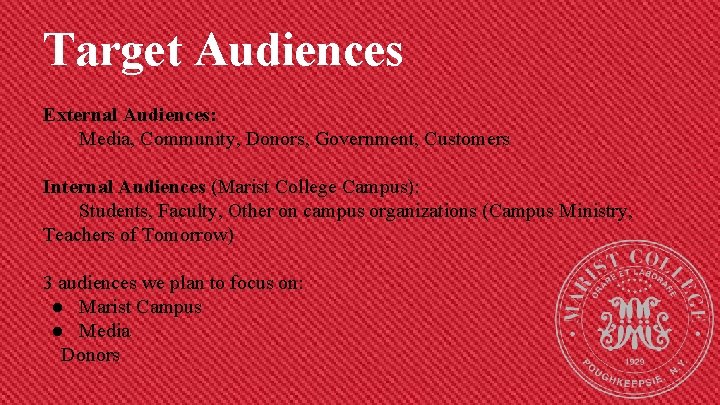 Target Audiences External Audiences: Media, Community, Donors, Government, Customers Internal Audiences (Marist College Campus):