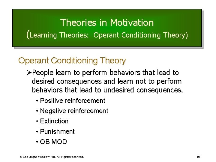Theories in Motivation (Learning Theories: Operant Conditioning Theory) Operant Conditioning Theory ØPeople learn to