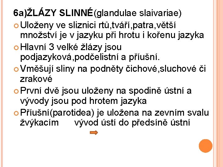 6 a)ŽLÁZY SLINNÉ(glandulae slaivariae) Uloženy ve sliznici rtů, tváří, patra, větší množství je v