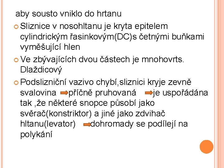 aby sousto vniklo do hrtanu Sliznice v nosohltanu je kryta epitelem cylindrickým řasinkovým(DC)s četnými