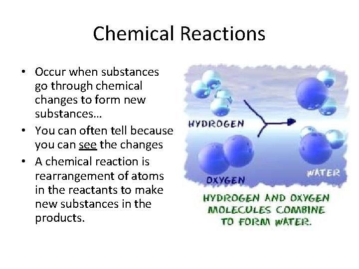 Chemical Reactions • Occur when substances go through chemical changes to form new substances…