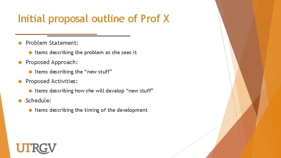 Initial proposal outline of Prof X Problem Statement: Proposed Approach: Items describing the “new