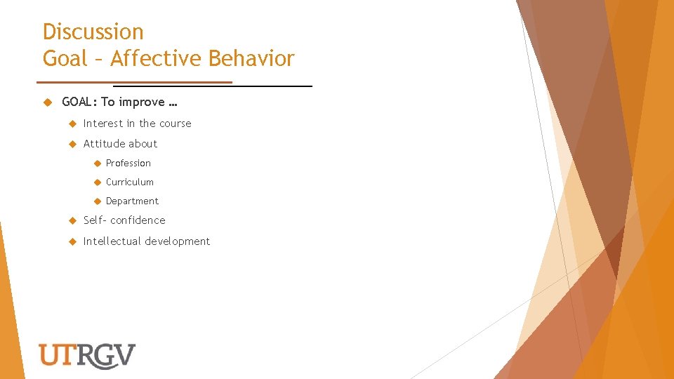 Discussion Goal – Affective Behavior GOAL: To improve … Interest in the course Attitude