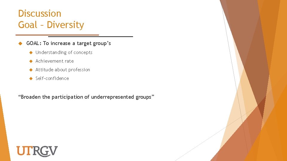 Discussion Goal – Diversity GOAL: To increase a target group’s Understanding of concepts Achievement