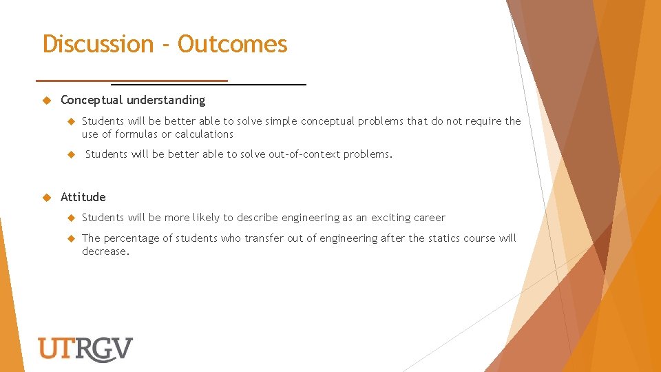 Discussion - Outcomes Conceptual understanding Students will be better able to solve simple conceptual